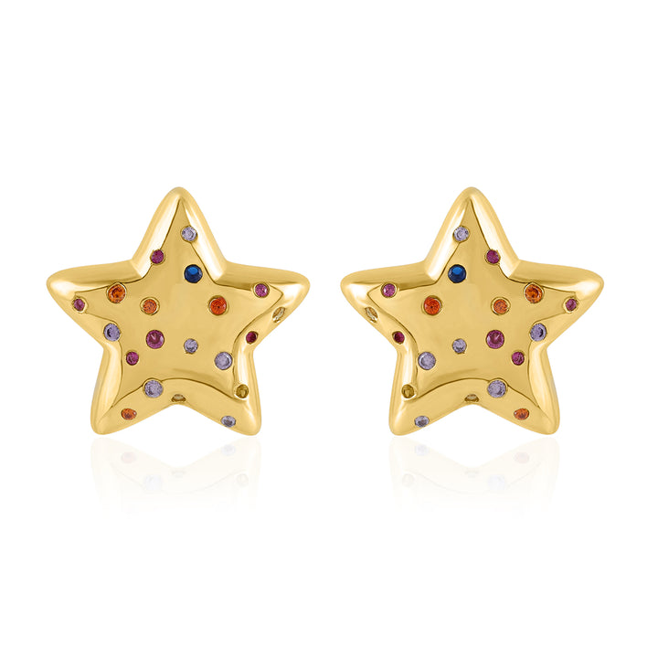 Star-shaped brass stud earrings with gold plating, adorned with multicolor gemstones and a secure pin push lock.