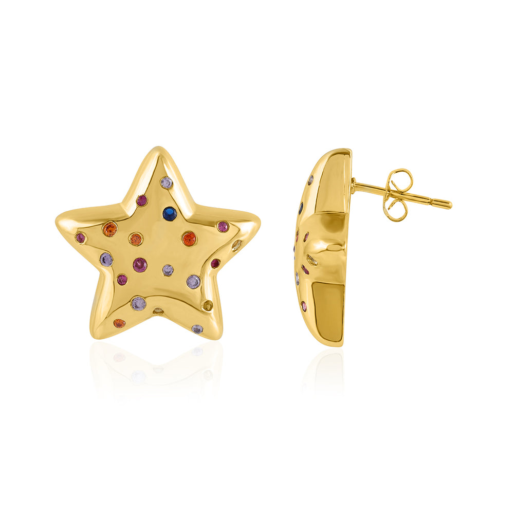 Star-shaped brass stud earrings with gold plating, adorned with multicolor gemstones and a secure pin push lock.