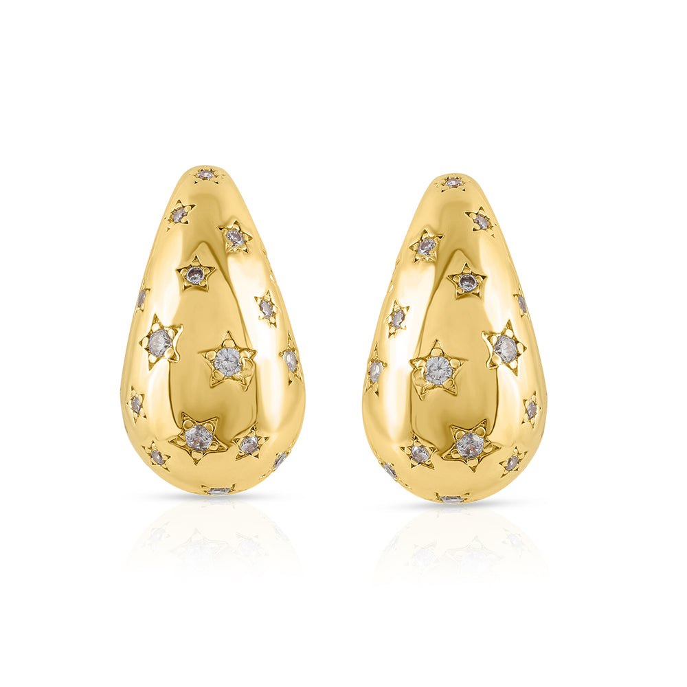 Teardrop-shaped brass dangle earrings with gold plating and a secure pin push lock.