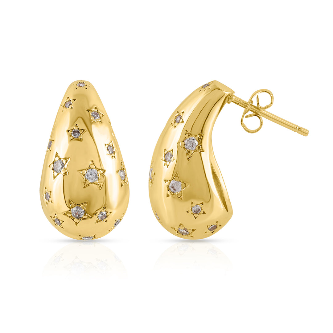 Teardrop-shaped brass dangle earrings with gold plating and a secure pin push lock.