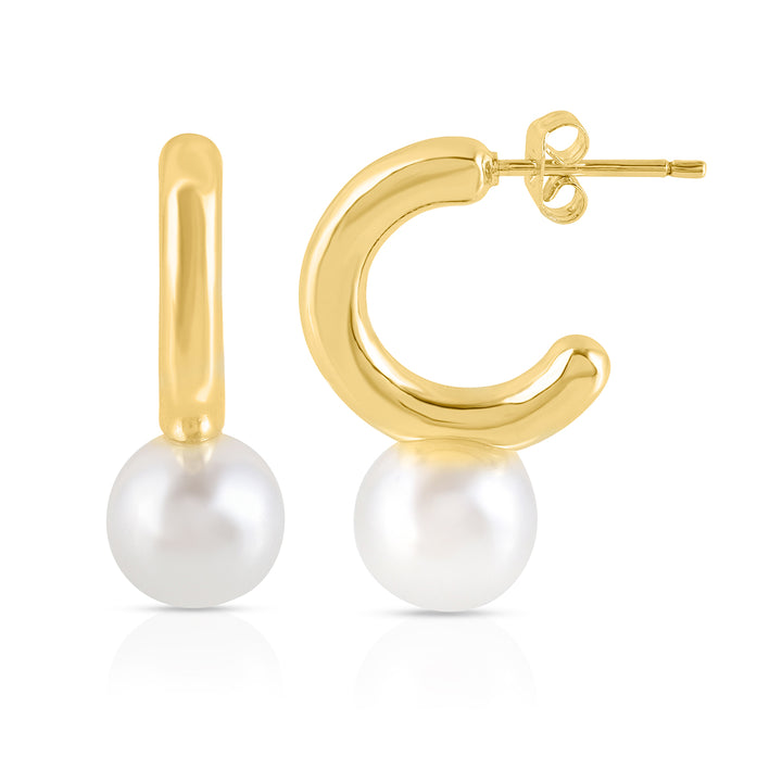 Pearl hoop earrings made of brass with gold plating, featuring a secure pin push lock.