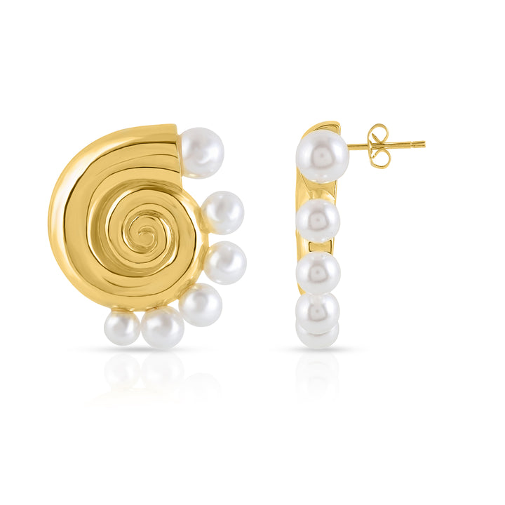 Pearl seashell conch-shaped earrings made of brass with gold plating, featuring a secure pin push lock.