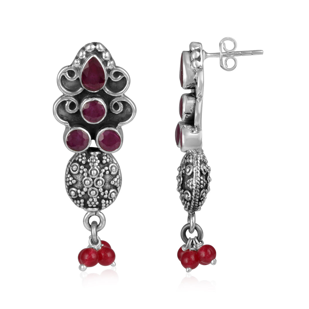 Ruby Stud Dangle Silver Earrings