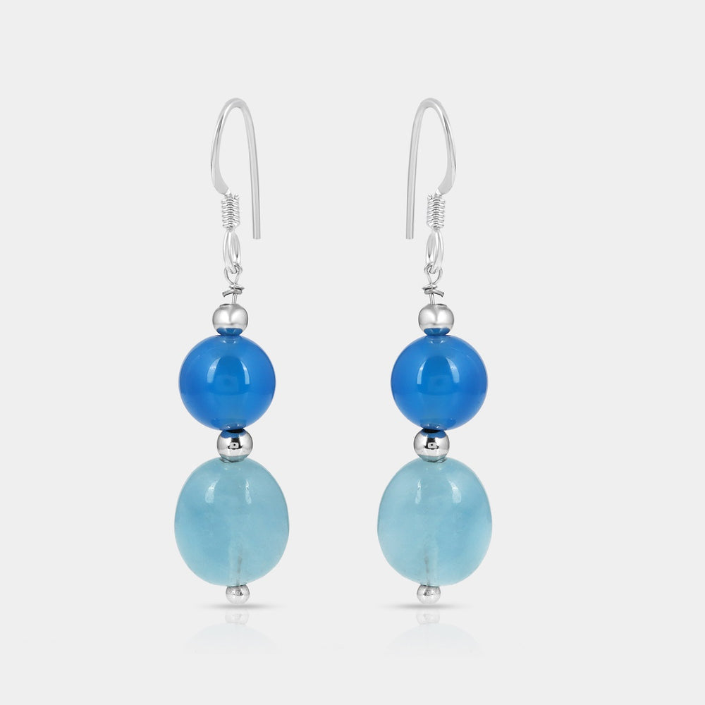 Blue Onyx and Aquamarine Beads Dangle Silver Earrings
