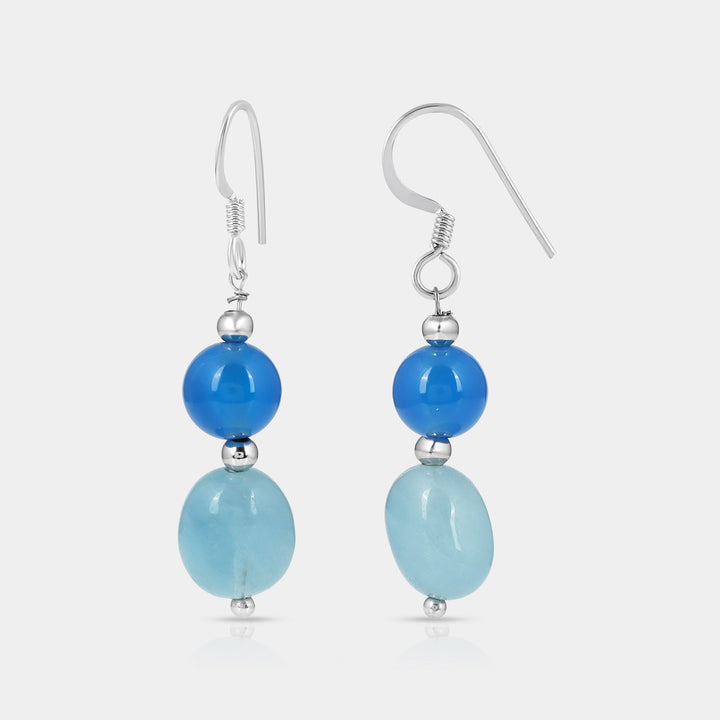 Blue Onyx and Aquamarine Beads Dangle Silver Earrings