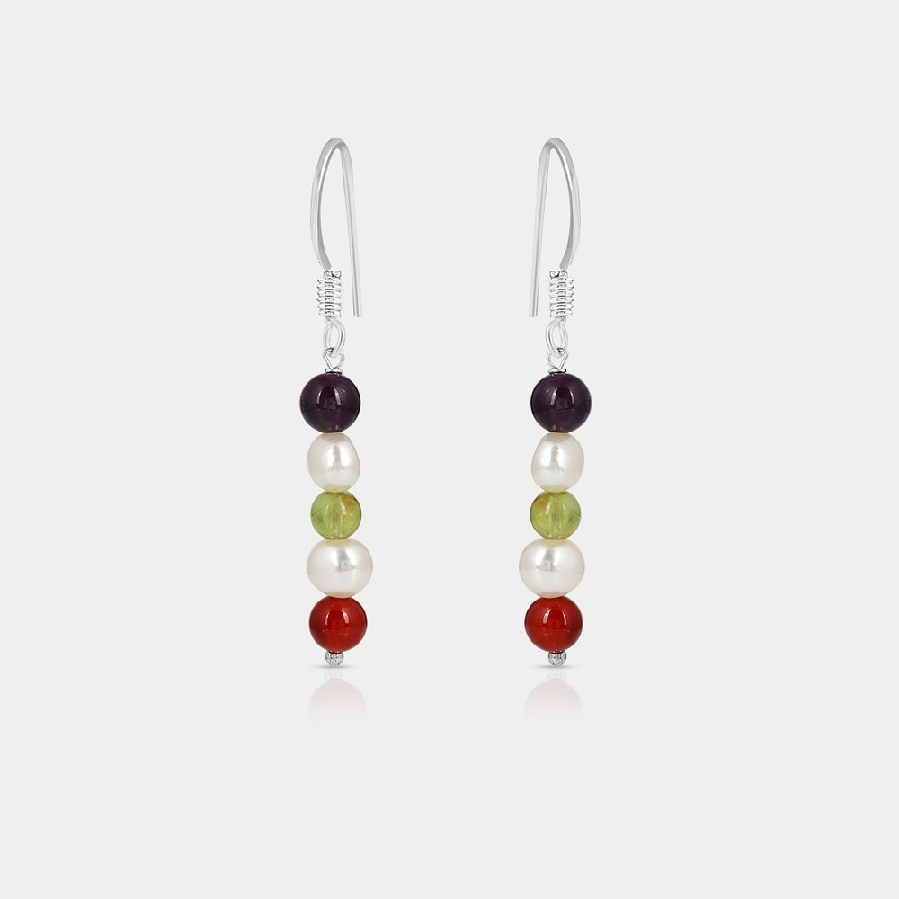 Multi Gemstone Beads Silver Dangle Earrings