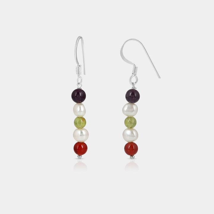 Multi Gemstone Beads Silver Dangle Earrings