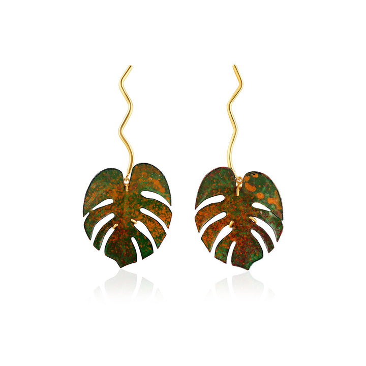 Graphics Painted Leaf Silver Dangle Earrings