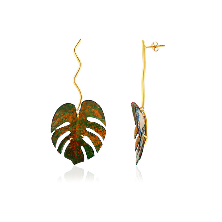 Graphics Painted Leaf Silver Dangle Earrings