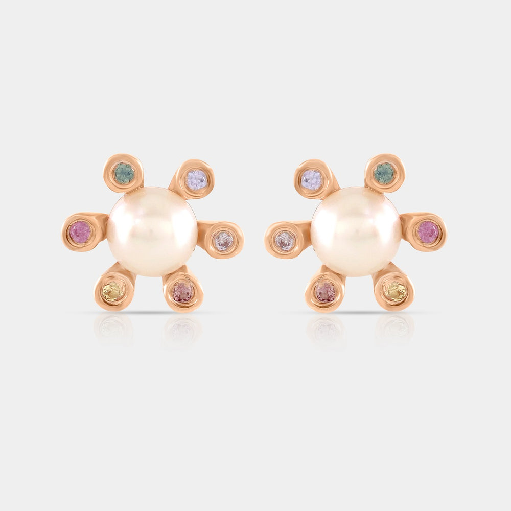 White Pearl and Multi Sapphire Gemstone Stud Earrings