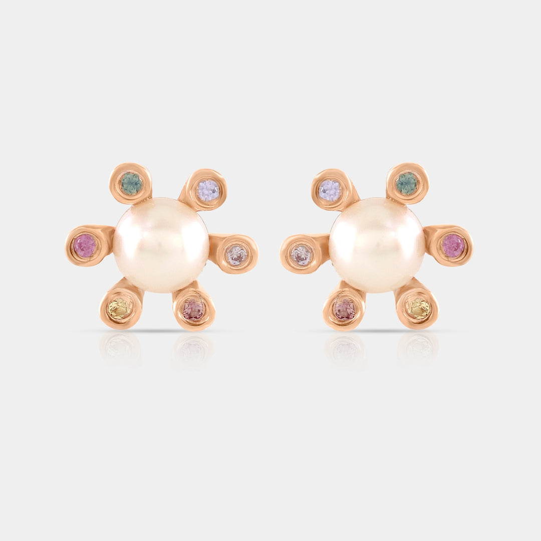 White Pearl and Multi Sapphire Gemstone Stud Earrings