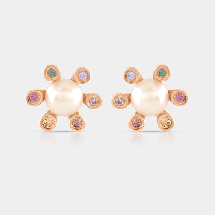 White Pearl and Multi Sapphire Gemstone Stud Earrings