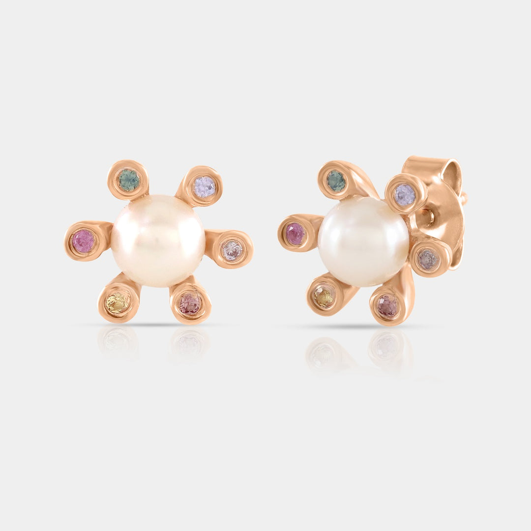 Pearl and Multi Sapphire Stud Earrings in Rose Gold-Plated Silver