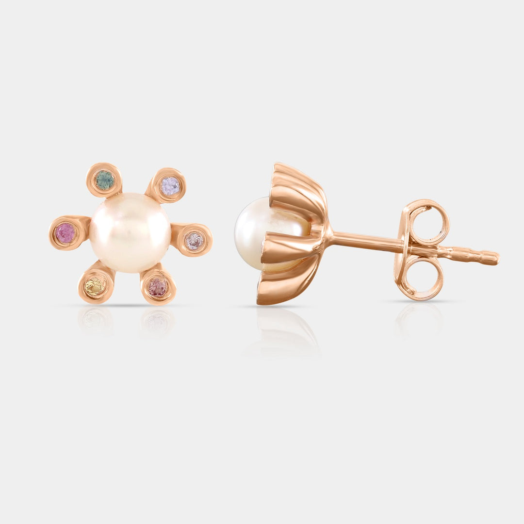 Classic Studs with Pearls and Multicolored Sapphire Stones