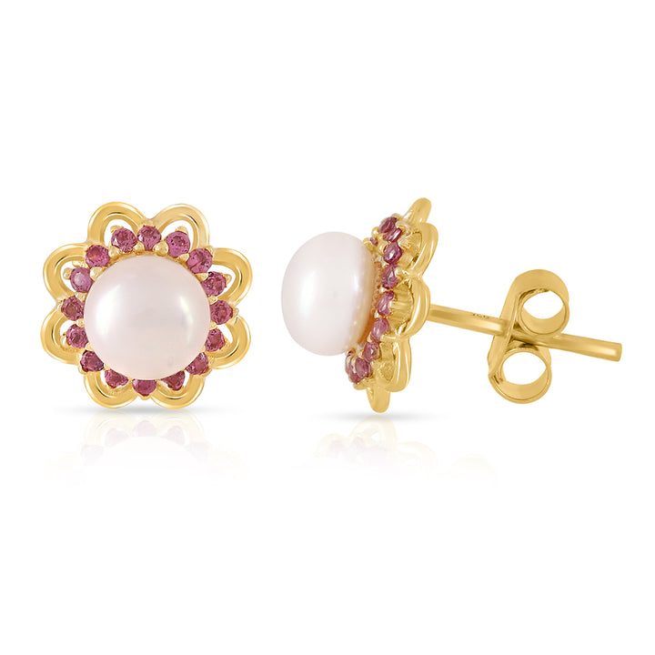 Pearl and Rhodolite Silver Stud Earrings