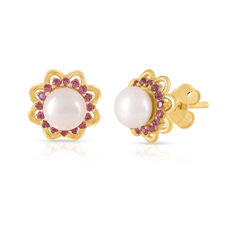 Pearl and Rhodolite Silver Stud Earrings