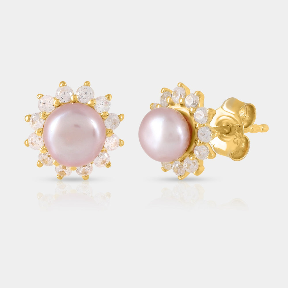 Gemstone Earrings Featuring Pink Pearls and Sparkling Zircons