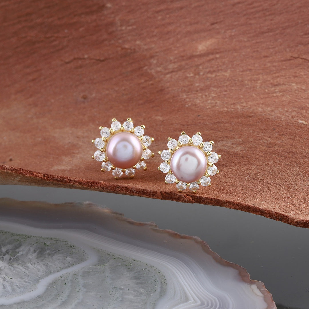 Pink Pearl and Zircon Gemstone Stud Earrings