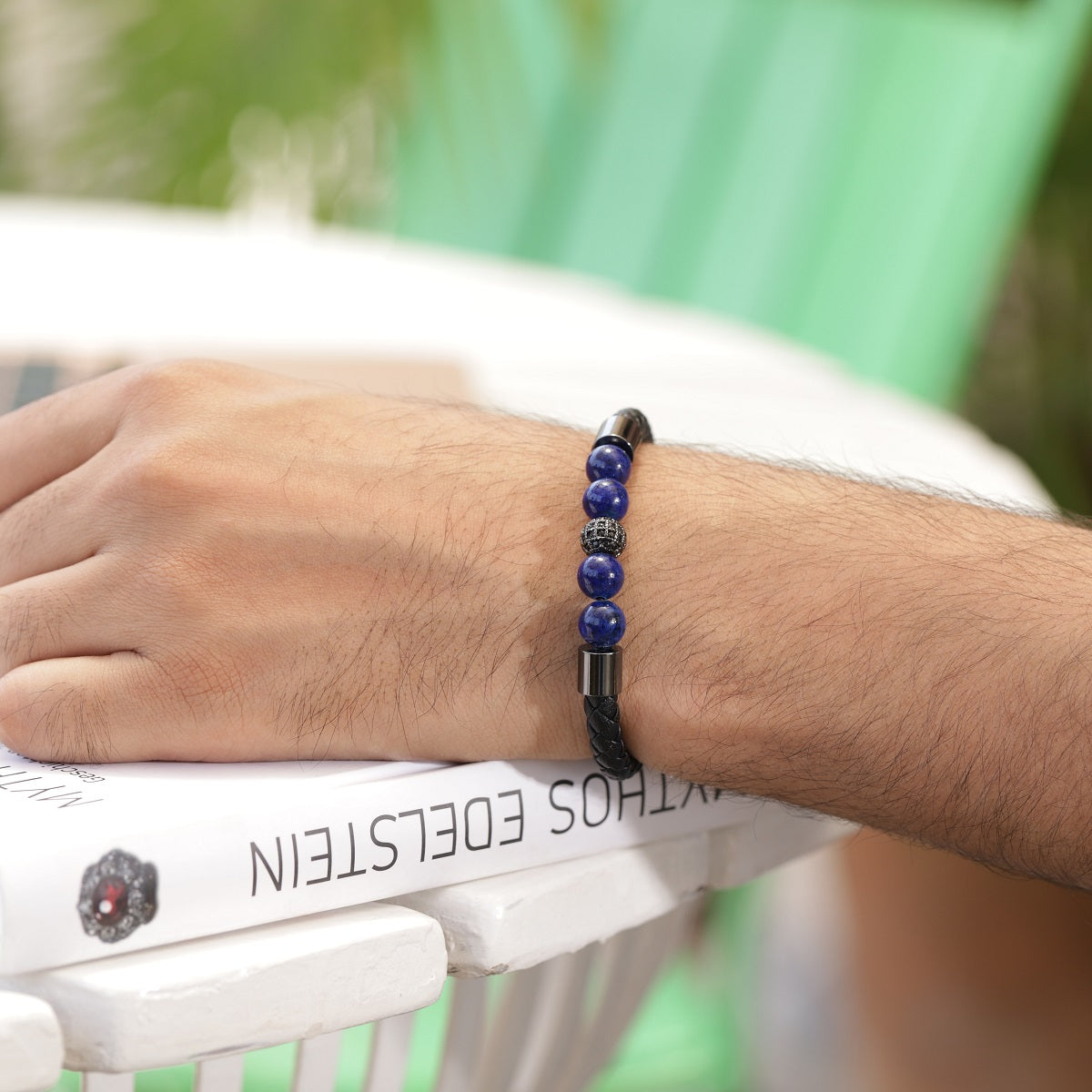 Lapis Lazuli and Black Spinel Leather Bracelet with Magnetic Lock