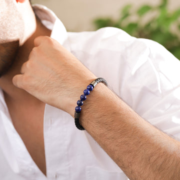 Fashionable Blue Lapis Lazuli Bracelet with Braided Leather
