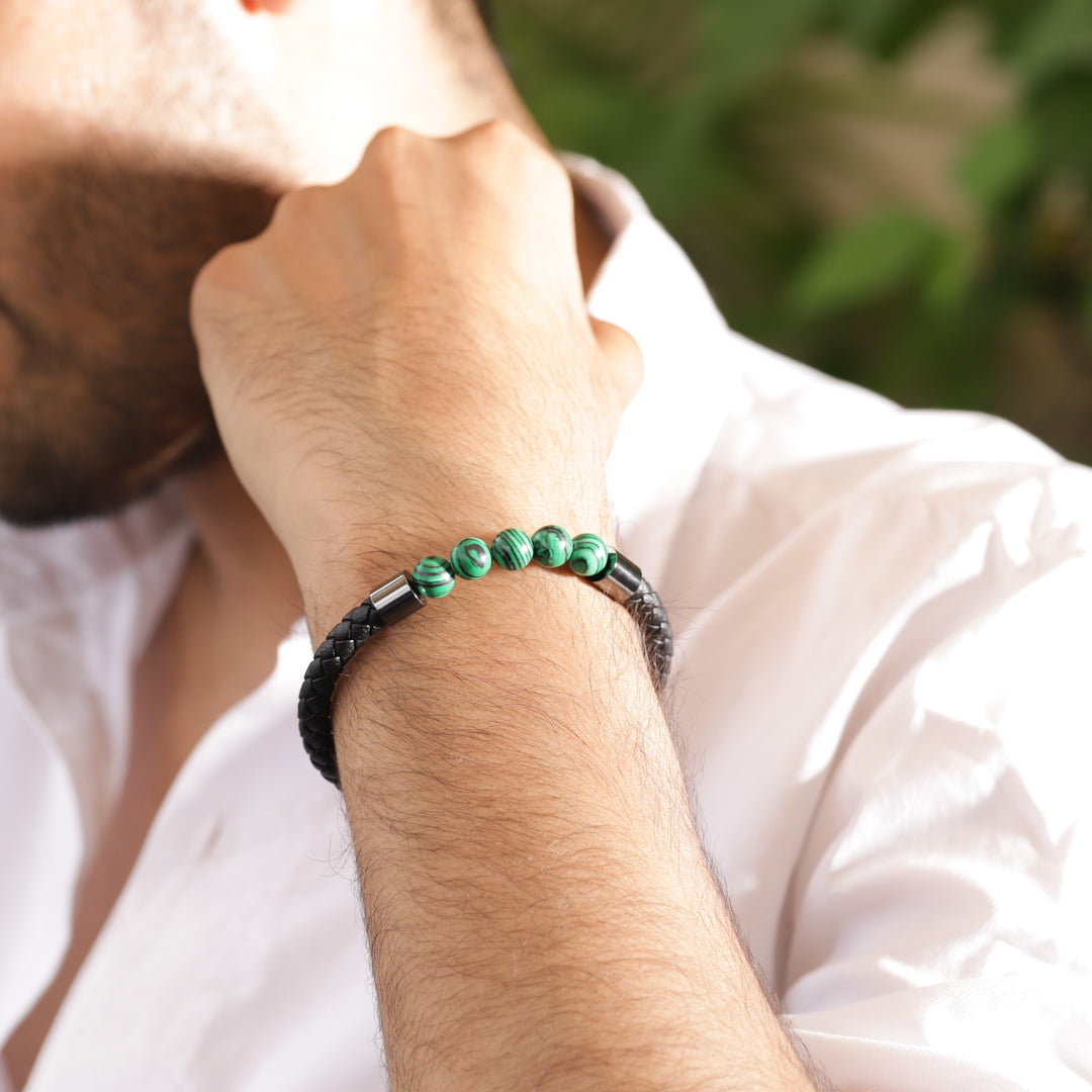 Malachite Beads Braided Leather Bracelet