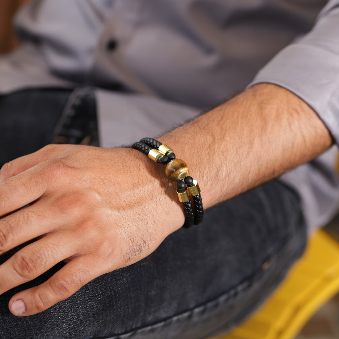 Tiger's Eye Double Layer Leather Gold Bracelet