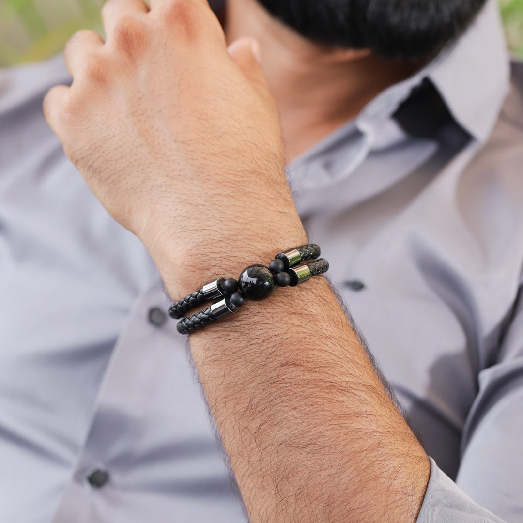 Black Onyx Double Layer Leather Bracelet