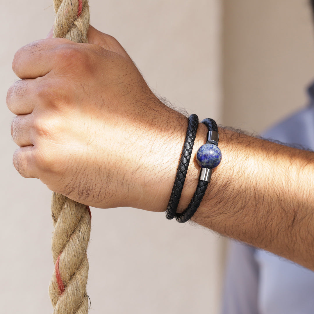 Lapis Lazuli Braided Rope Leather Silver Bracelet