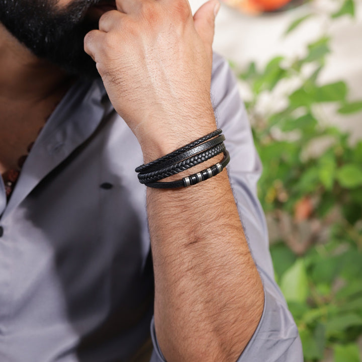 Black leather braided multi-layer bracelet