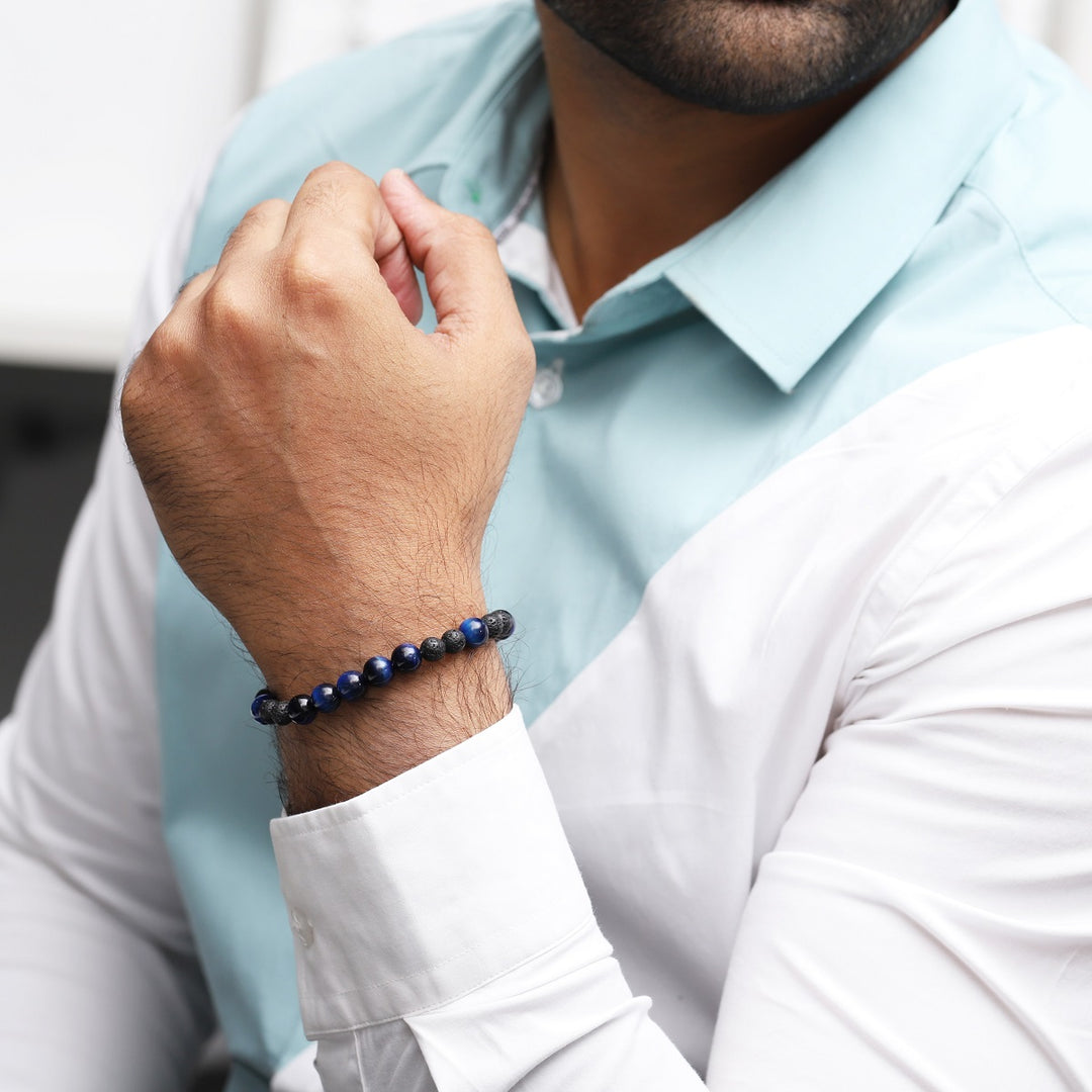 Blue Tiger's Eye and Lava Beads Stretch Bracelet