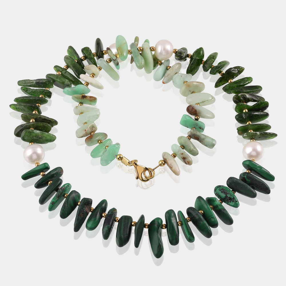 Natural Chrome Diopside, Chrysoprase, Malachite, Pearl, and Hematite Necklace