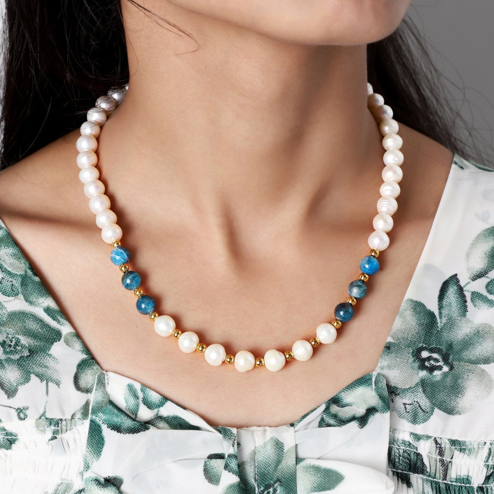 Our exquisite Natural Pearl, Apatite & Hematite Beads Necklace gracefully worn, embodying timeless elegance and positive energy.