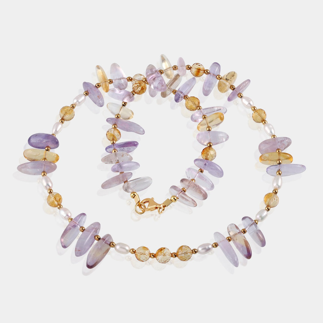 Natural Ametrine, Citrine, Pearl, and Hematite Gemstone Necklace