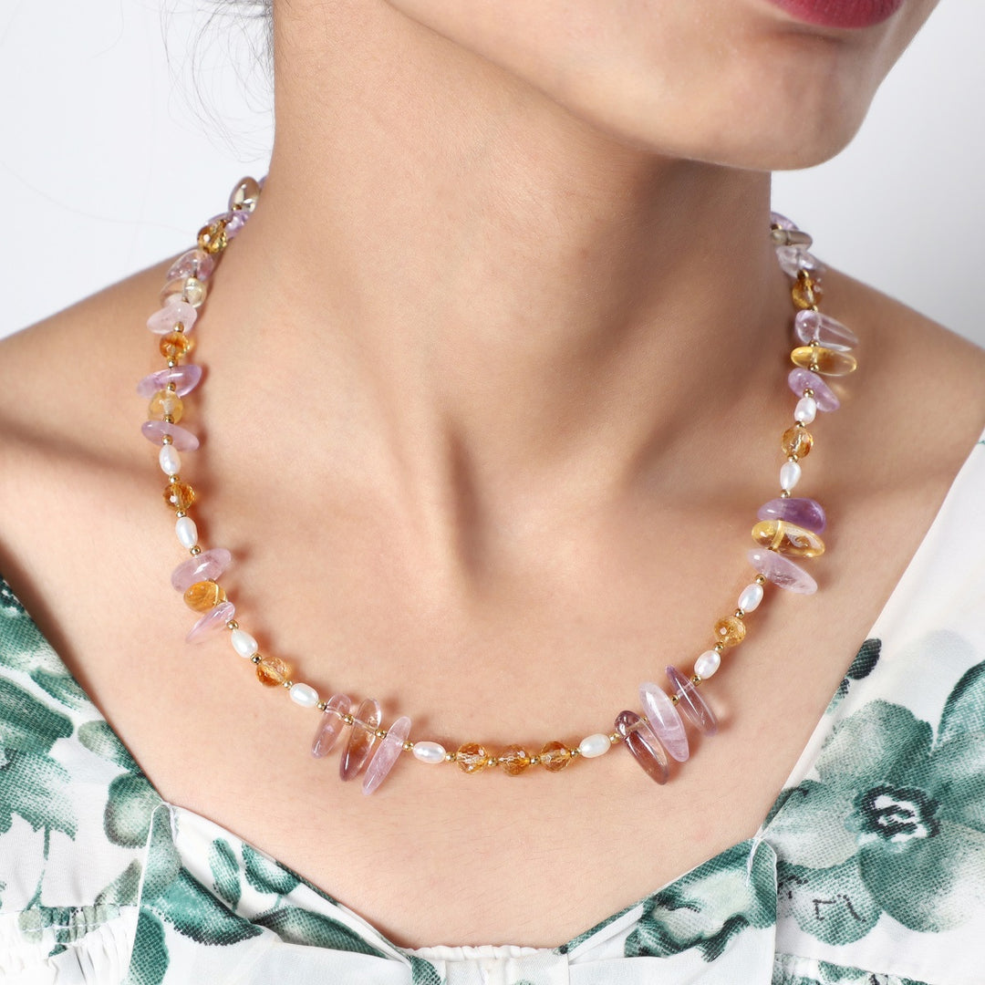Gemstone Beads Necklace Featuring a Harmony of Ametrine, Citrine, Pearl, and Hematite