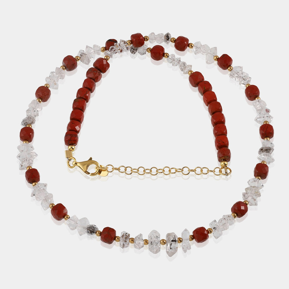 Gemstone Beads Necklace Featuring Herkimer Diamonds, Red Jasper, and Hematite