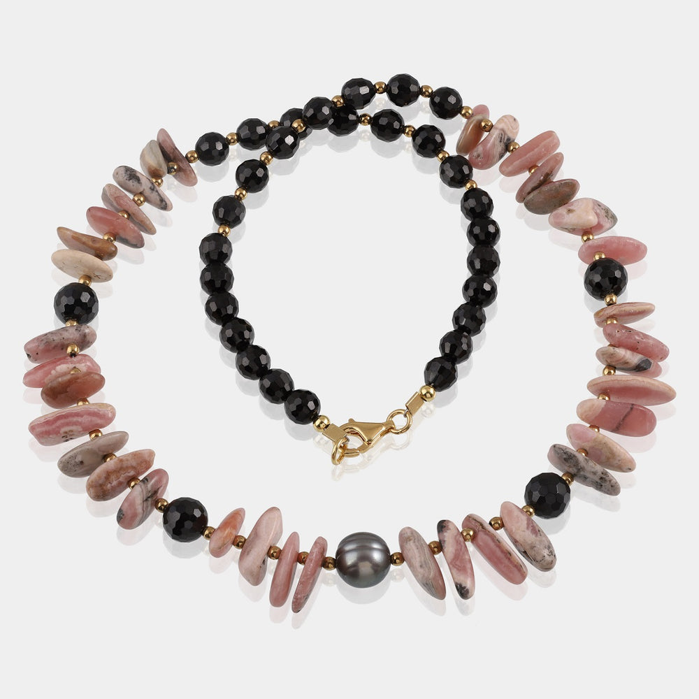 Handmade Silver Necklace with Rhodonite, Black Spinel, Pearl, and Hematite Beads