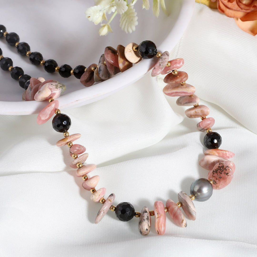 Natural Rhodonite, Black Spinel, Pearl, and Hematite Necklace - Balance and Grounding