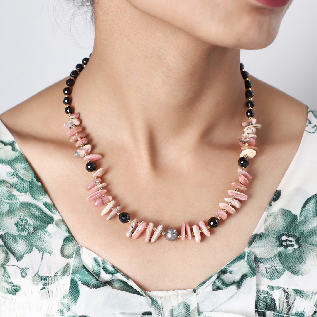 Natural Rhodonite, Black Spinel, Pearl, and Hematite Gemstone Necklace