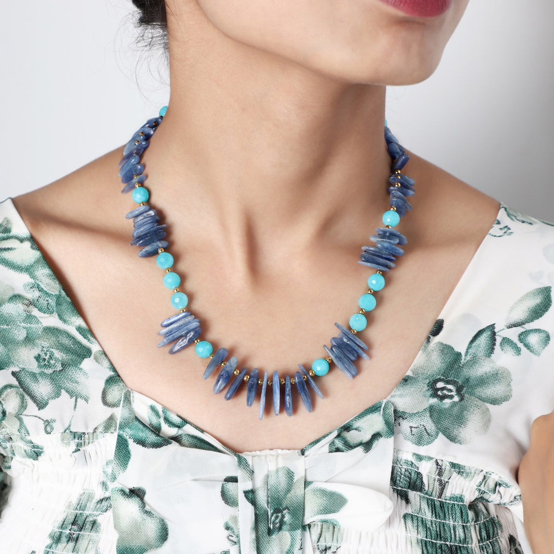 Gemstone Beads Necklace Featuring Blue Kyanite, Green Amazonite, and Gold Hematite