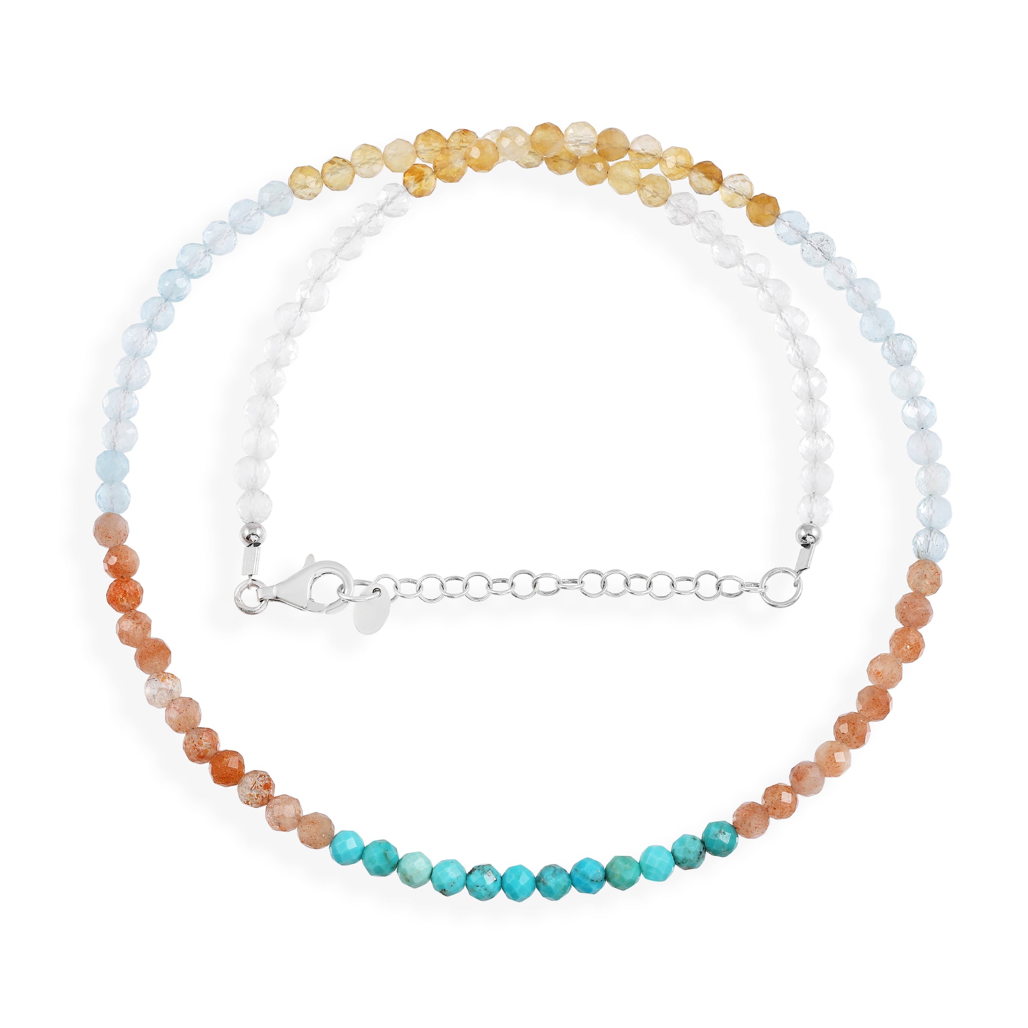 Aquamarine, Citrine, Clear Quartz, Sunstone and Turquoise Silver Necklace