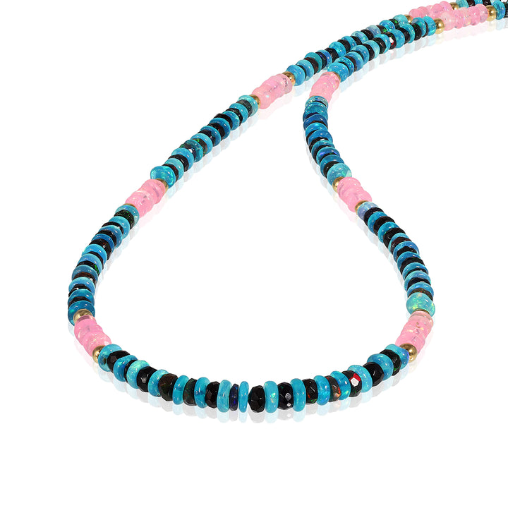 Blue, Black and Pink Ethiopian Opal Silver Necklace