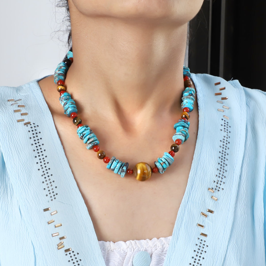 Versatile Beauty: Natural Tiger's Eye, Red Onyx & Turquoise Necklace