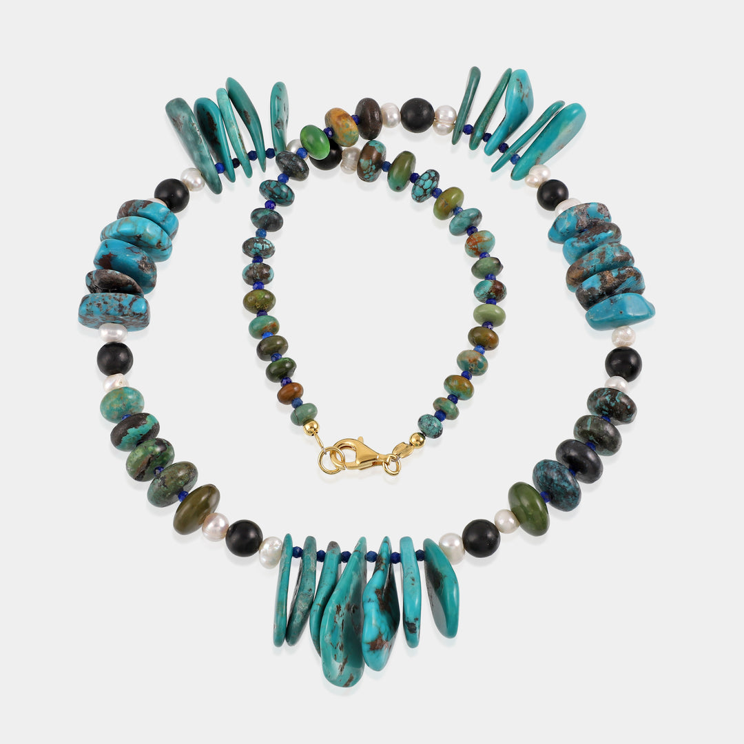 Artisan-Crafted Turquoise, Lapis Lazuli, Black Jet & Pearl Necklace