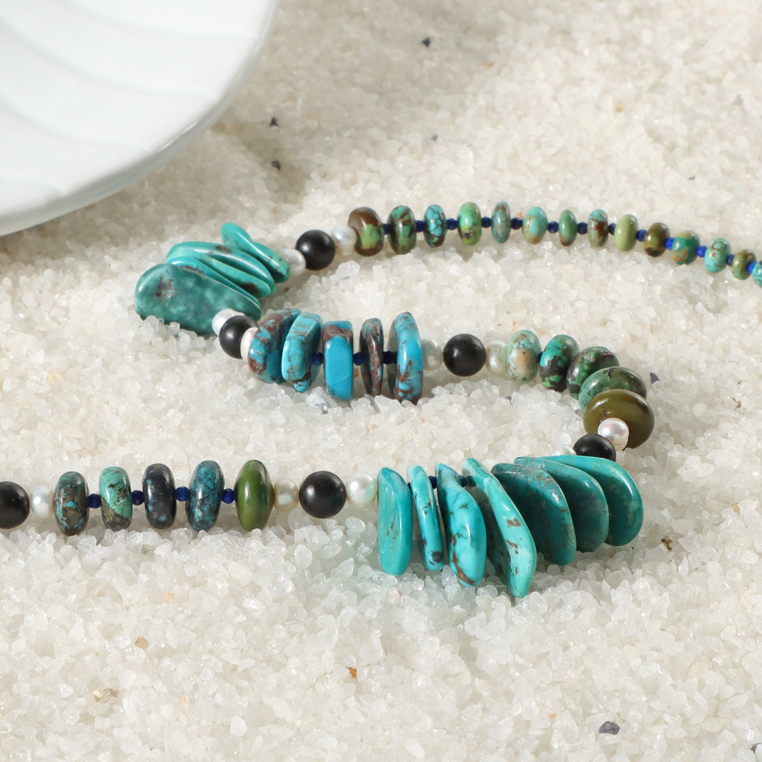 Artisan-Crafted Turquoise, Lapis Lazuli, Black Jet & Pearl Necklace