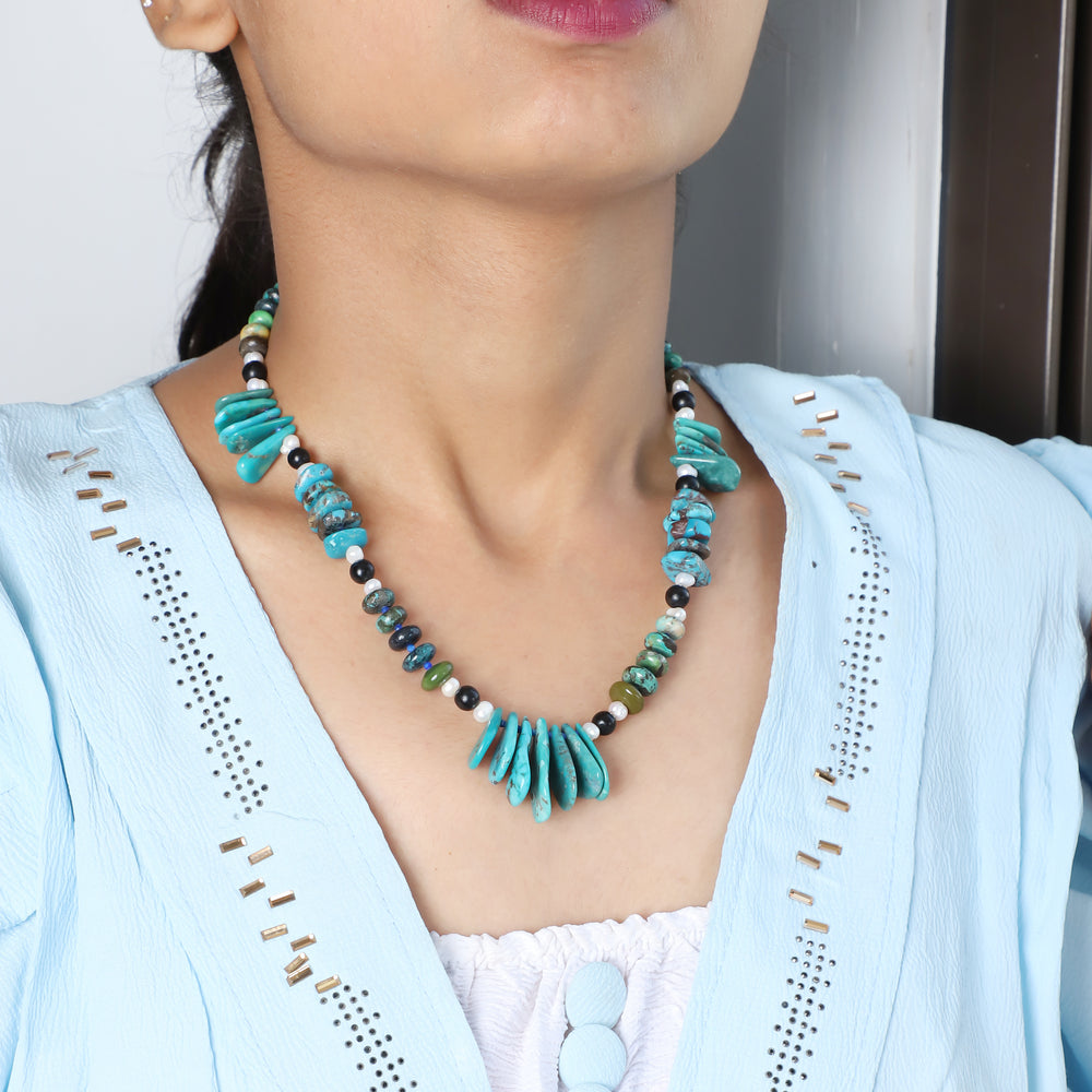 Model Wearing Natural Gemstone Beaded Necklace