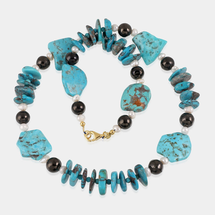 Artisan-Crafted Turquoise, Black Jet, and Pearl Necklace