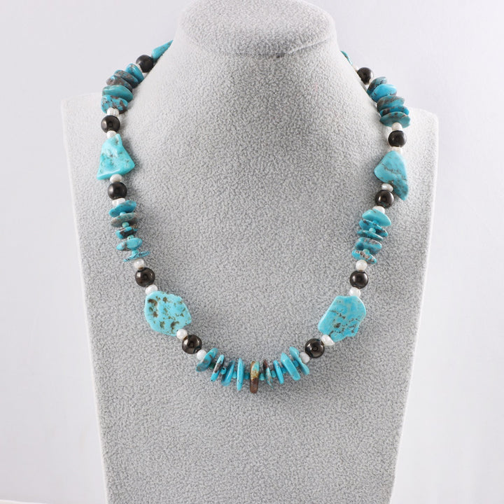 Turquoise, Black Jet, and Pearl Gemstone Beads in Silver Necklace