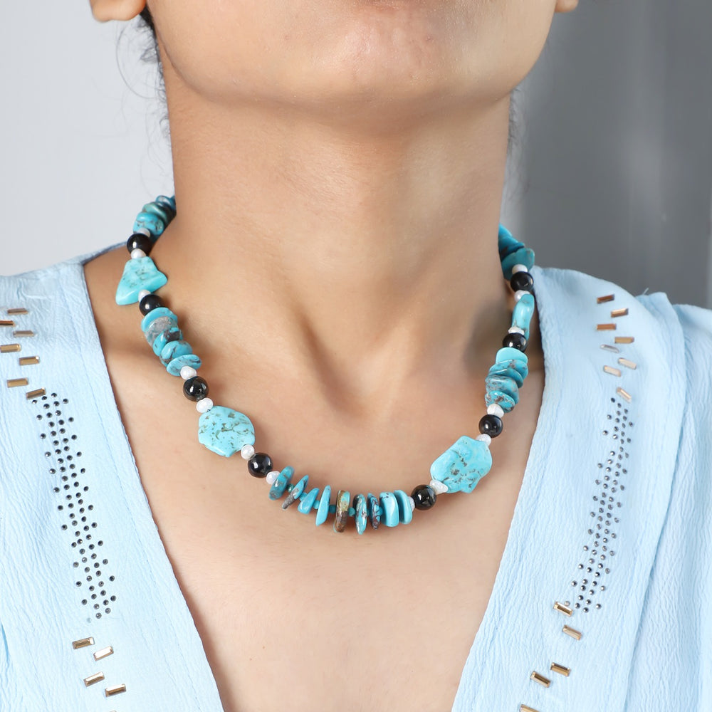 Model Wearing Natural Gemstone Beaded Necklace