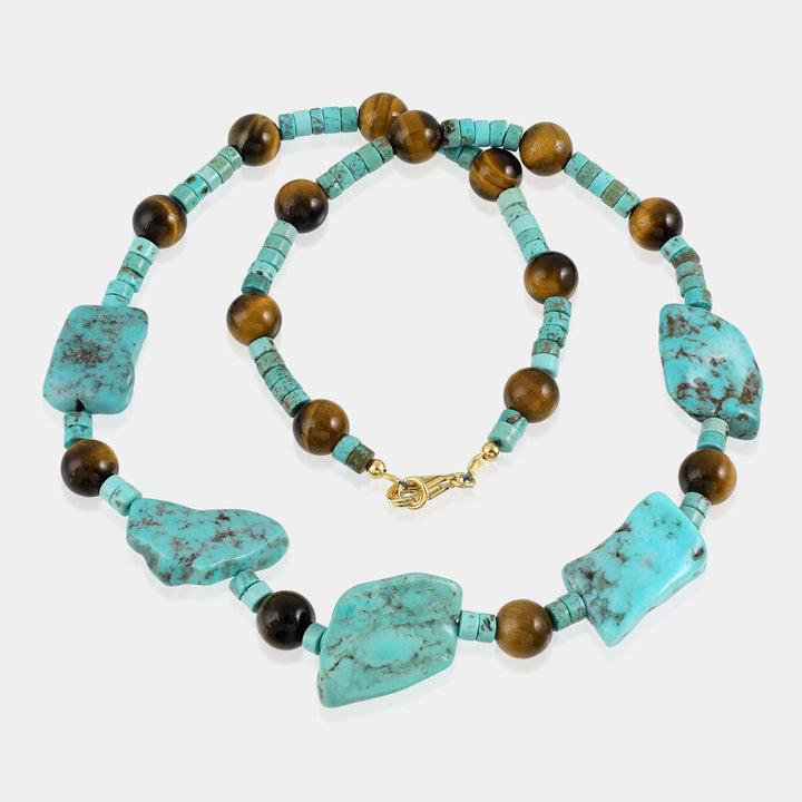 Handmade Silver Necklace with Tiger's Eye and Turquoise Beads