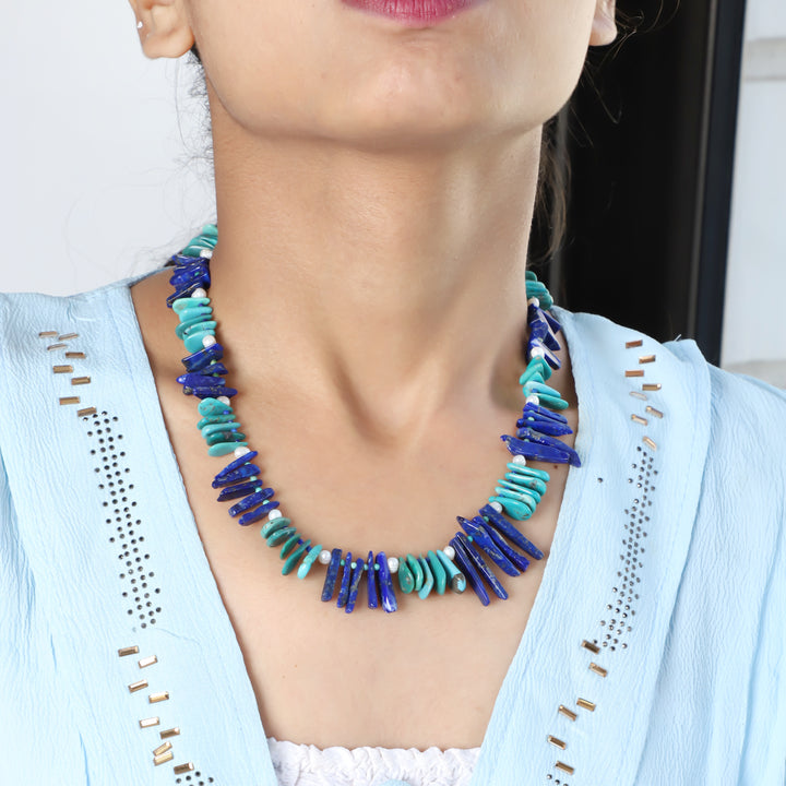 Model Wearing Natural Gemstone Beaded Necklace